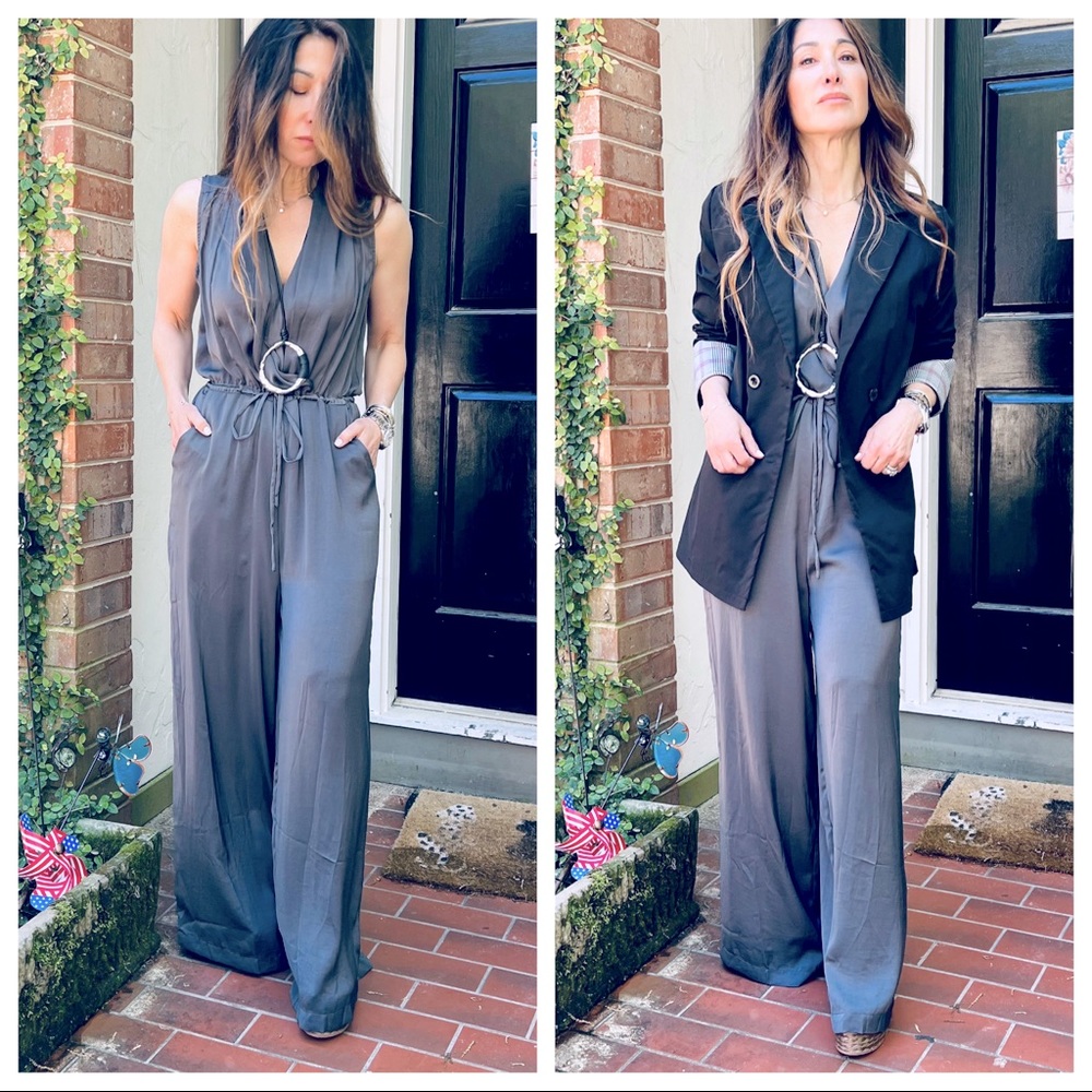 Fabulous grey tie at the waist wide leg jumpsuit